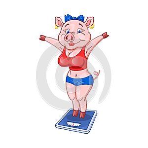 Cute female pig with pleased face in a fitness sportswear standing on floor scales