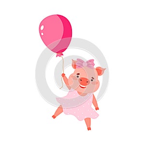 Cute female piglet in a pink dress holding a red balloon. Vector illustration isolated on white background.