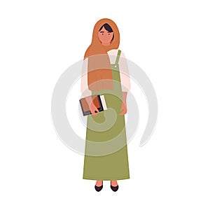 Cute female student of school, college or university with books in hand, Muslim girl in hijab standing