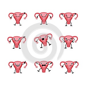 Cute female womb organs character set  in a flat cartoon style. Human organs person with the different emotions