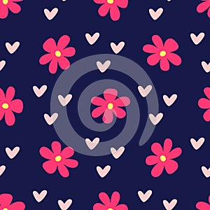 Cute feminine seamless pattern with flowers and hearts. Repeated girly print.