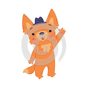 Cute Fennec Fox with Red Coat and Large Ears in Hat Waving Paw Vector Illustration