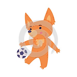 Cute Fennec Fox with Red Coat and Large Ears Playing Football Vector Illustration