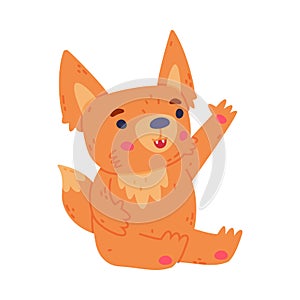 Cute Fennec Fox with Red Coat and Large Ears Sitting and Waving Paw Vector Illustration