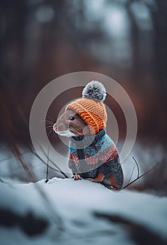 Cute ferret in colorful winter clothes - fairy tale in snowy woods