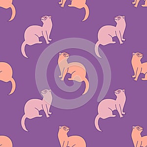 Cute ferrets on purple background, vector seamless pattern