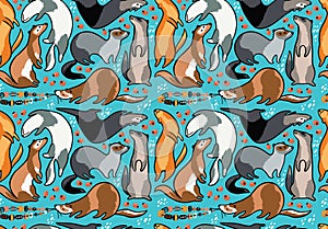 Seamless pattern of cartoon ferrets with beads and berries. Vector illustration photo