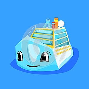 Cute ferry or cruise liner eyes and smile. Marine transport cartoon  illustration. Oceanic cruiseliner character