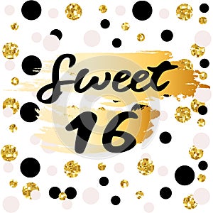 Cute festive bright sweet sixteen card with golden glitter