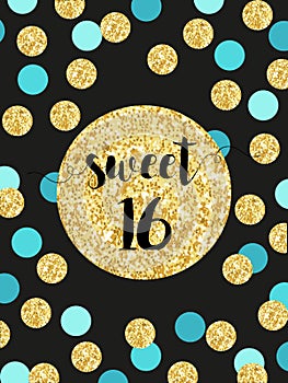 Cute festive bright sweet sixteen card with golden glitter confetti