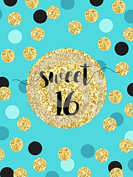 Cute festive bright sweet sixteen card with golden glitter confetti