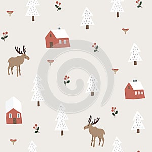 Cute festive Christmas seamless pattern with moose, red houses, snow fir trees and berries. Hand drawn kids nordic