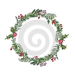 Watercolor winter greenery wreath illustration, isolated on white background. Hand painted pine tree branches, mistletoe leaves