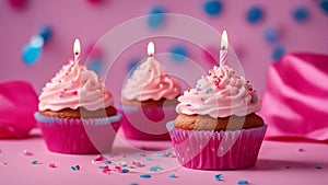 A cute and festive photo of a pink birthday cupcake with a one 1 single candle on top of each 3 three candles