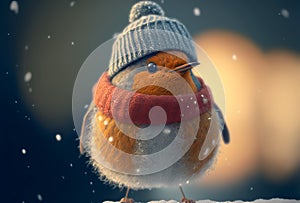 Cute festive robin bird wearing winter wolly hat and clothing. Generative ai