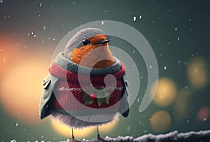 Cute festive robin bird wearing winter wolly hat and clothing. Generative ai