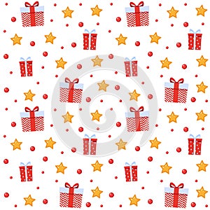 Cute festive seamless pattern. Red gift boxes and stars, background for birthday, christmas or party. Flat cartoon stock