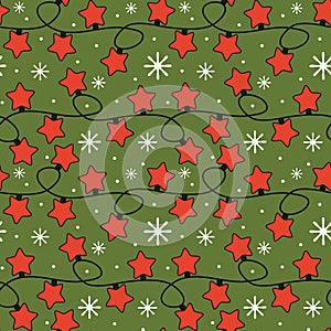 Cute festive seamless vector pattern background illustration with christmas star lights garland and snowflakes