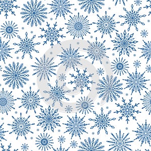 Cute festive winter season seamless pattern with various snowflake icons on white background. Frosty Christmas, New Year design