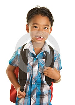 Cute Filipino Boy on White Background with Backpack