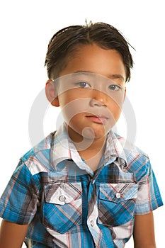 Cute Filipino Boy on White Background with a blank serious expression