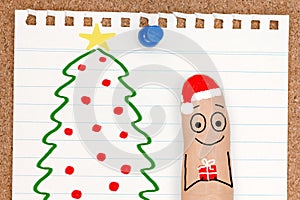 Cute Finger Face Person with Gift by Christmas Tree