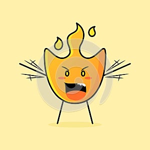 cute fire cartoon with angry expression. mouth open and hands shaking