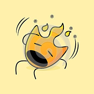 cute fire cartoon with dizzy expression. mouth open, eyes closed and hands on head
