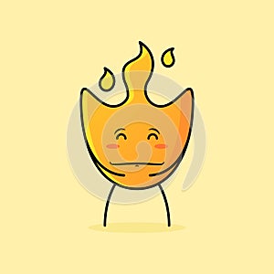 cute fire cartoon with happy expression. close eyes, both hands on stomach and smiling