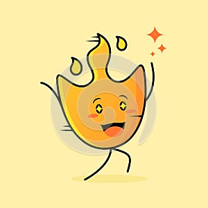 cute fire cartoon with happy expression. run, two hands up and sparkling eyes