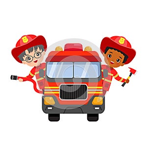 Cute fire fighter boys riding fire truck with hose and axe.