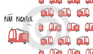 Cute fire truck cars seamless pattern. Vector baby illustration in scandinavian simple hand-drawn style digital paper.