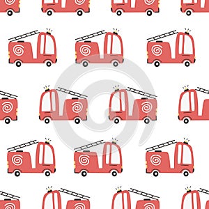 Cute fire truck cars seamless pattern. Vector baby illustration in scandinavian simple hand-drawn style digital paper.