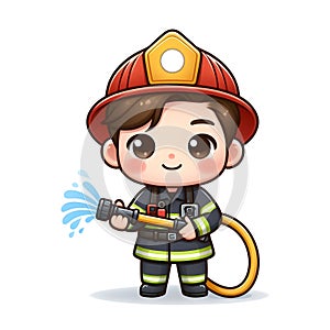 Cute firefighter boy with fire hose on white background.