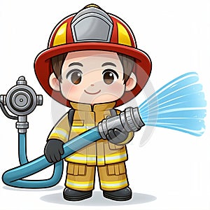 Cute firefighter boy with fire hose on white background.