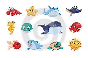Cute fish. Cartoon funny ocean animals with big eyes and adorable child faces, underwater kids sea fish characters with