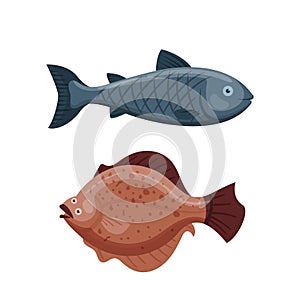 Cute fish cartoon funny swimming graphic animal character and underwater ocean wildlife nature aquatic fin marine water