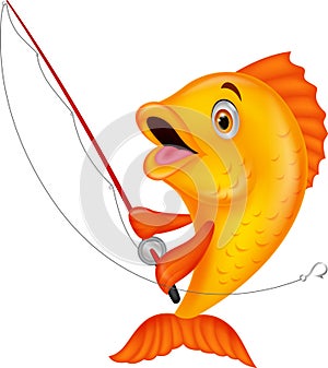 Cute fish cartoon holding fishing rod