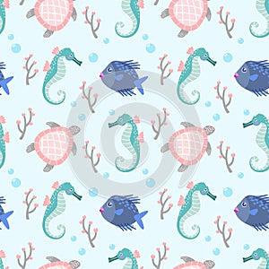 Cute fish sea horse and turtle seamless pattern.