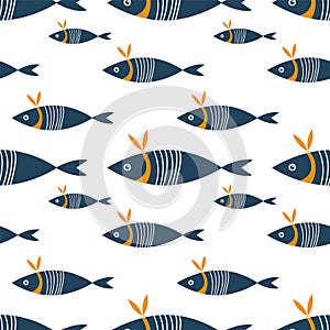 Cute fish on white background. Vector illustration. Seamless pattern.