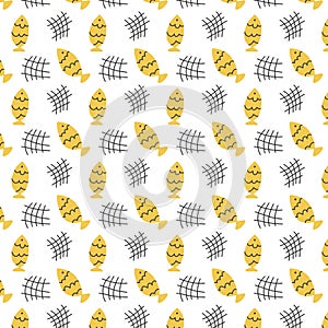 Cute fishes and fishnet seamless pattern. Baby illustration.