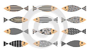 Cute fishes with geometric pattern, isolated on white background. Cartoon vector collection.