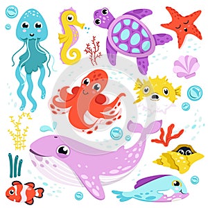 Cute fishes and underwater animals, nature of sea waters set, funny aquatic characters