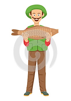 Cute fishman with mustache holding a big fish