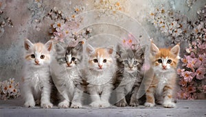 Cute five kittens looking straight to camera on floral wall cozy backround