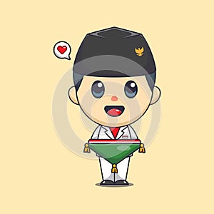 Cute flag raiser boy carrying indonesian flag in indonesian independence day cartoon vector illustration.
