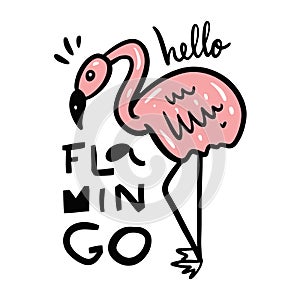 Cute Flamingo in cartoon style. Hand drawn vector illustration