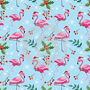 Cute flamingo with Christmas plant seamless pattern.