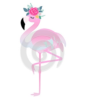 Cute flamingo with flowers. Beautiful vector illustration for birthday cards, party invitations, poster and postcard.