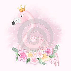 Cute flamingo with flowers, hand drawn animal watercolor illustration